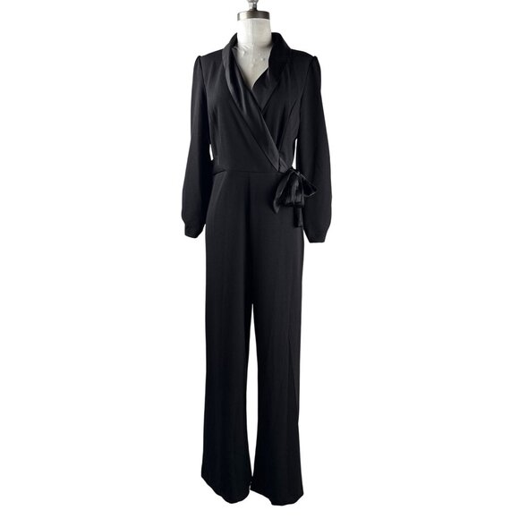 DKNY Women's Black Jumpsuit Satin Collar & Bow Tie V-Neck Sleeved Size 6 - Picture 1 of 13
